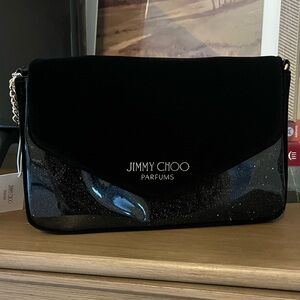 NWT Black Suede Patent Leather Jimmy Choo Gold Chain Clutch Evening Shoulder Bag